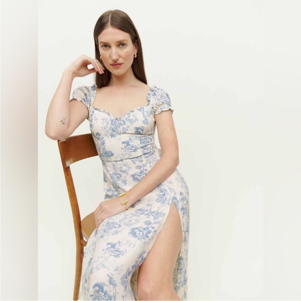 Reformation Cream and Light Blue Floral Midi Dress